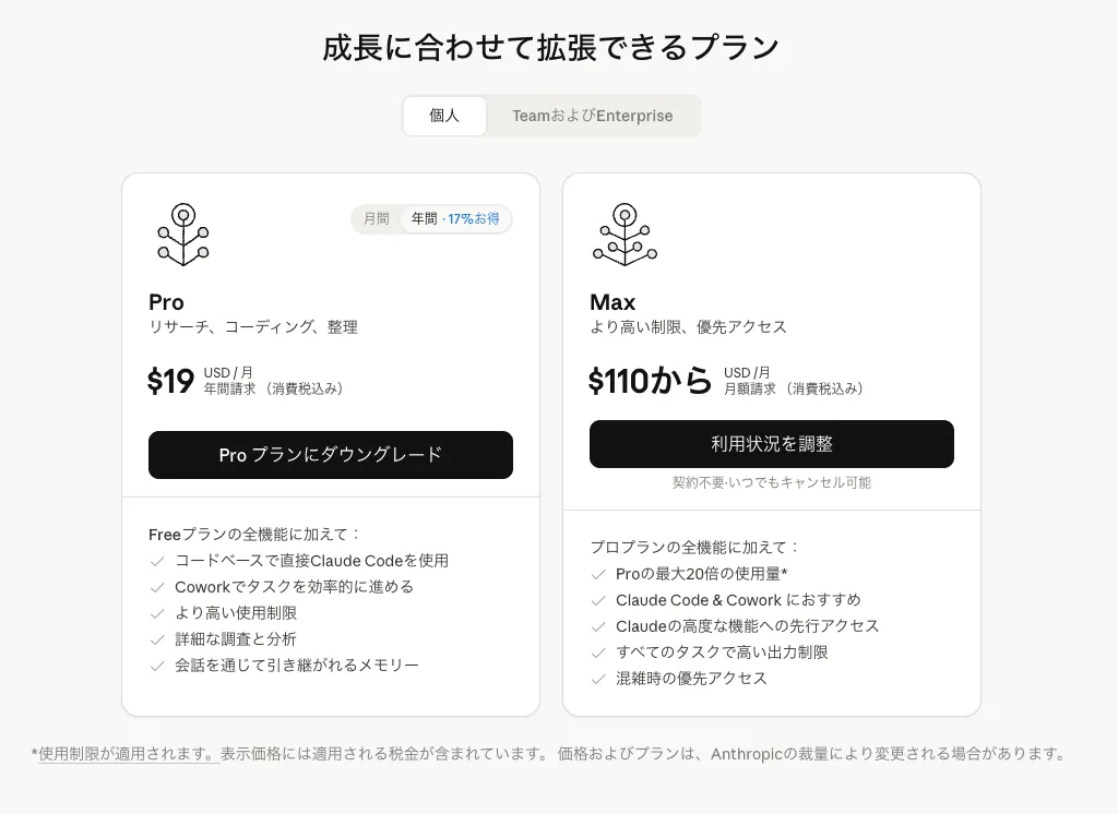 プラン選択画面のスクショ(Pro / Maxの比較)