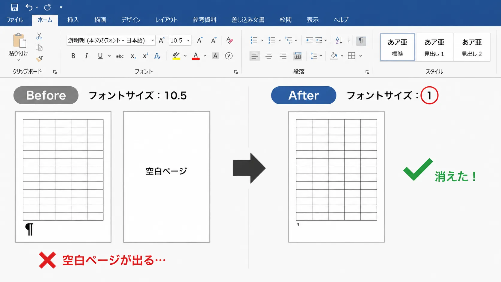 文字サイズを1ptに変更して空白ページが消えるBefore/After