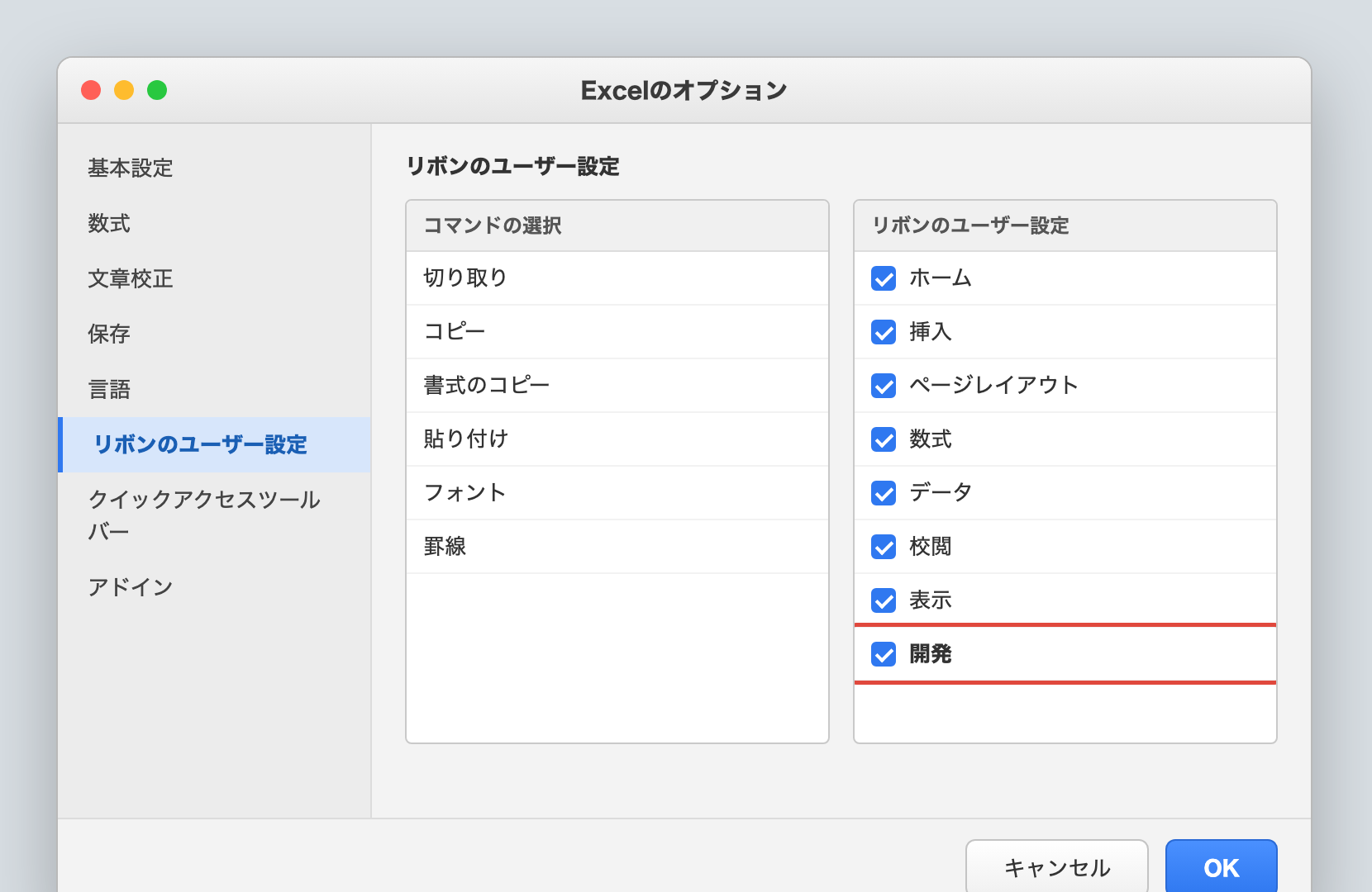 Excelのオプションで「リボンのユーザー設定」を開き、右側の一覧で「開発」にチェックを入れる