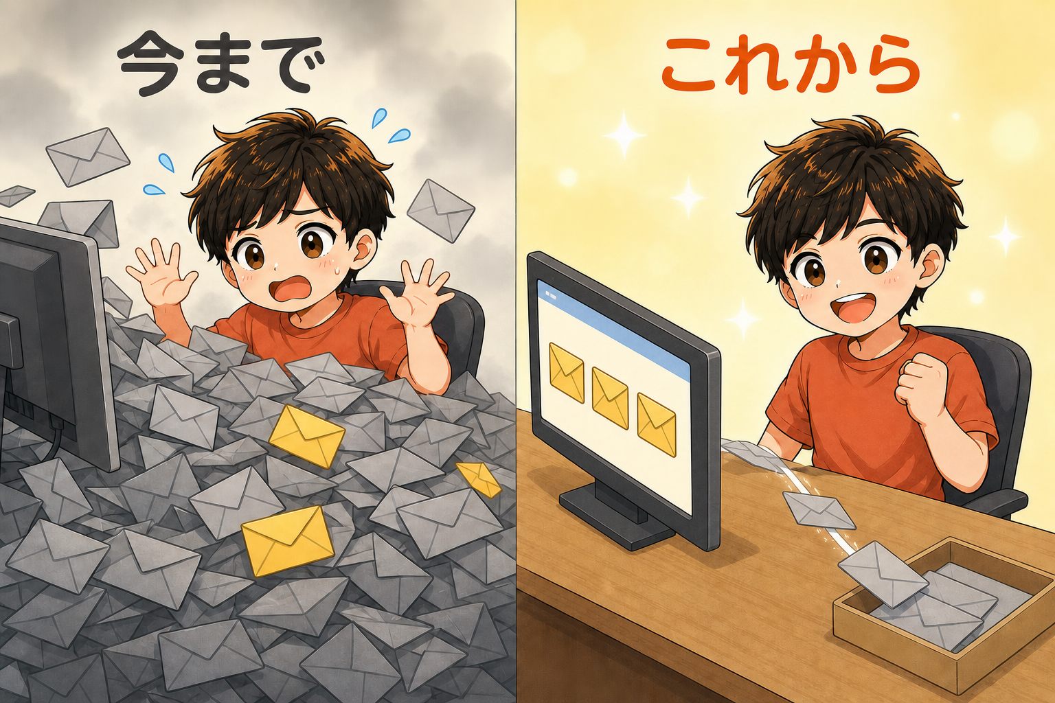 作業前と後を比べたイラスト。左の「今まで」はパソコンから灰色の封筒があふれ出してみやもんキャラが埋もれ、困っている。右の「これから」は机が片付き、画面には黄色い封筒が3通だけ並び、灰色の封筒は脇の箱へ自動で流れ込んでいるので、笑顔でガッツポーズしている