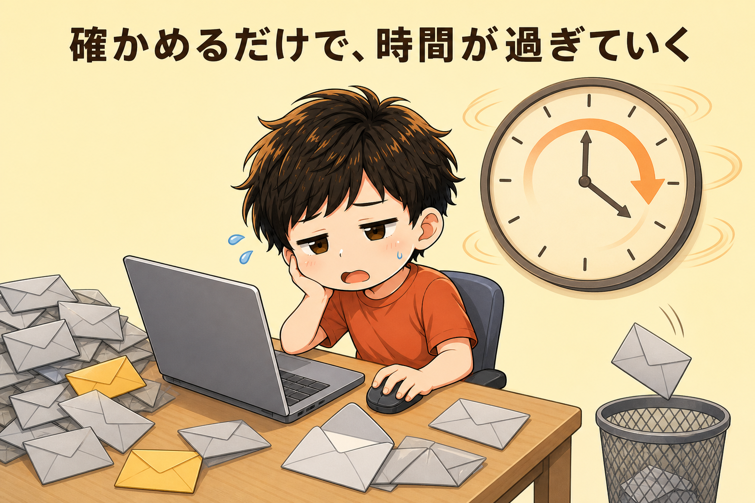 みやもんキャラが机でパソコンを見ながらぐったりしている。パソコンのまわりには灰色の封筒が積もり、その中に黄色い封筒が数通だけ埋もれている。壁の大きな時計の針のまわりに矢印が描かれ、確かめているうちに時間が過ぎていく様子